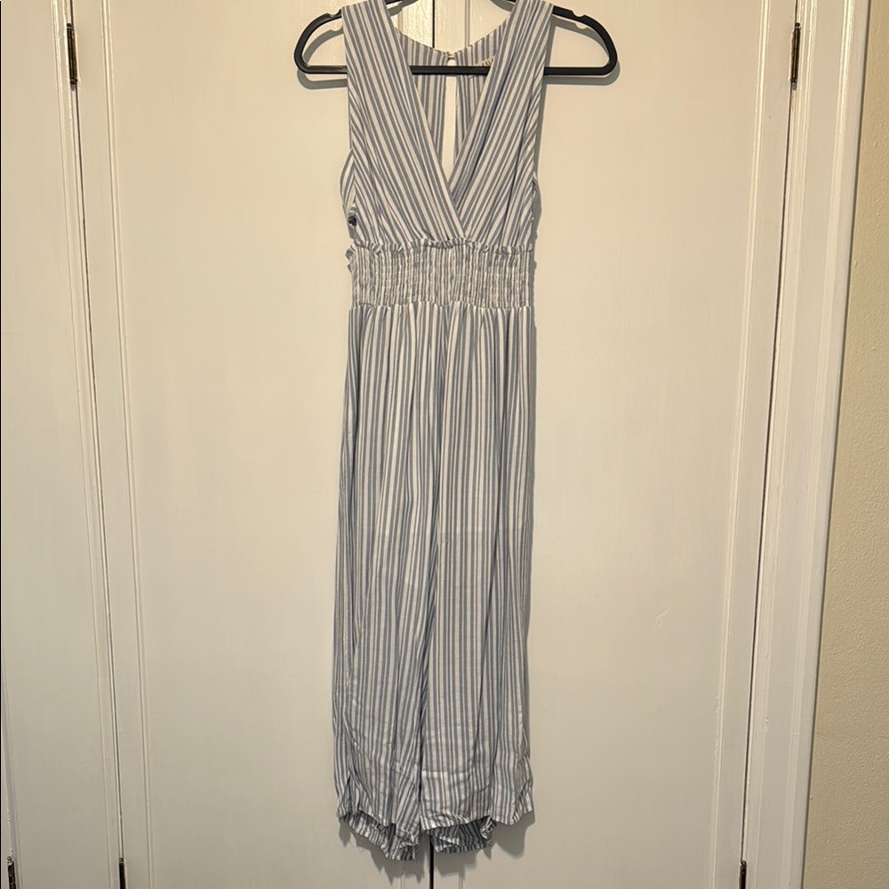 ILLA ILLA White Blue Ruched V-Neck Jumpsuit